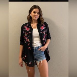 Black Floral Embroidered Button-Up Shirt